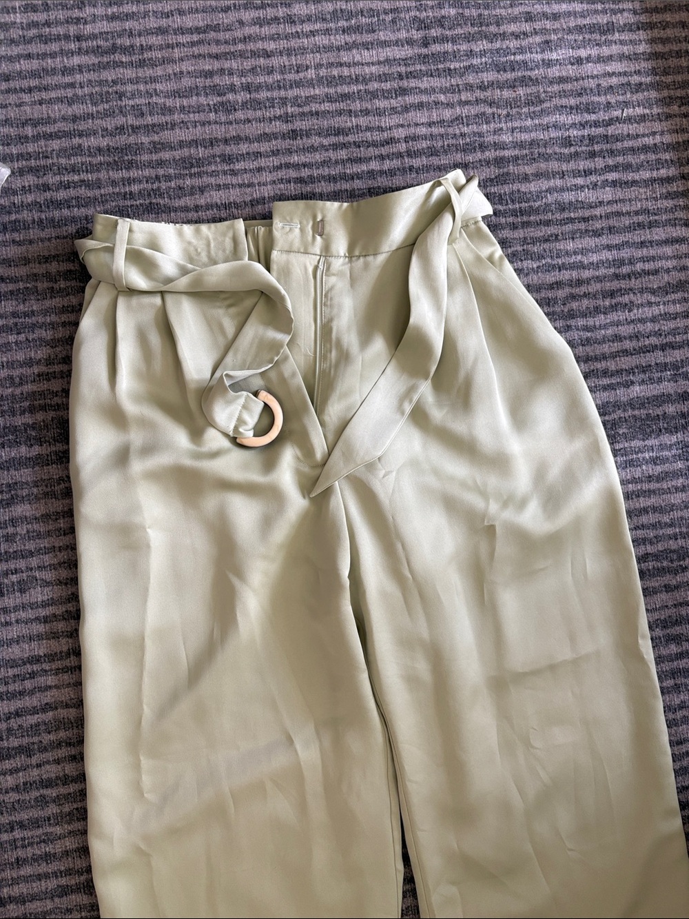 High-Waisted Tie-Belt satin Blend Pants — Light Sage